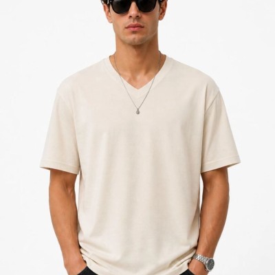 Erkek V Yaka Basic Tişört Kısa Kol Yazlık Regular Fit T-Shirt - Bej