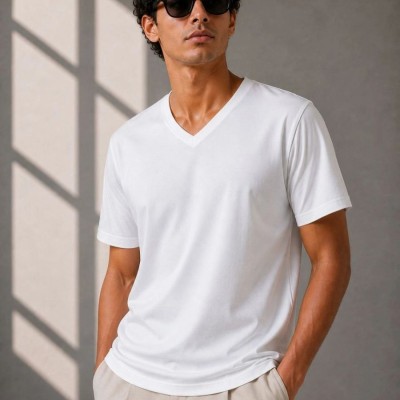 Erkek V Yaka Basic Tişört Kısa Kol Yazlık Regular Fit T-Shirt - Beyaz