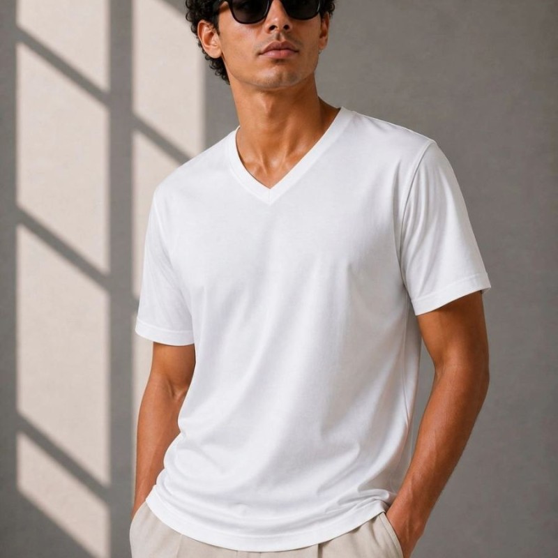 Erkek V Yaka Basic Tişört Kısa Kol Yazlık Regular Fit T-Shirt - Beyaz