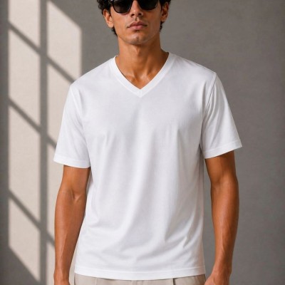 Erkek V Yaka Basic Tişört Kısa Kol Yazlık Regular Fit T-Shirt - Beyaz