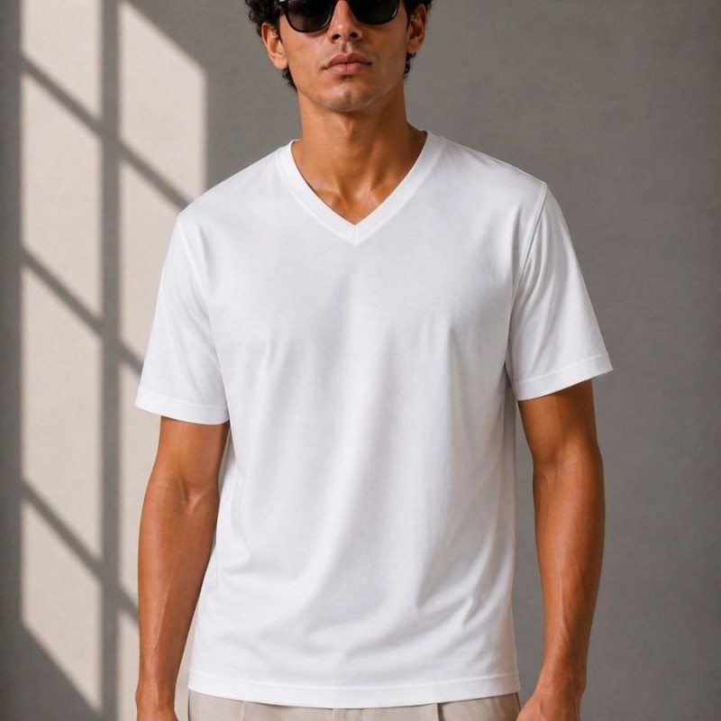 Erkek V Yaka Basic Tişört Kısa Kol Yazlık Regular Fit T-Shirt - Beyaz