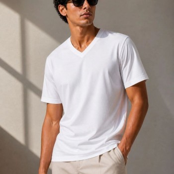 Erkek V Yaka Basic Tişört Kısa Kol Yazlık Regular Fit T-Shirt - Beyaz