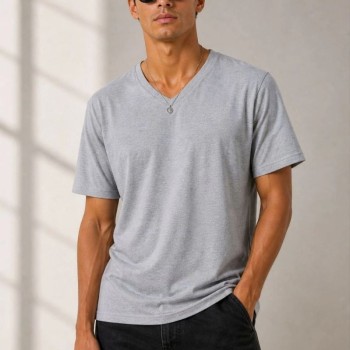 Erkek V Yaka Basic Tişört Kısa Kol Yazlık Regular Fit T-Shirt - Gri