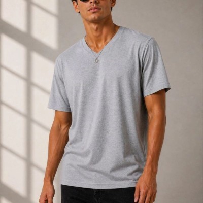 Erkek V Yaka Basic Tişört Kısa Kol Yazlık Regular Fit T-Shirt - Gri