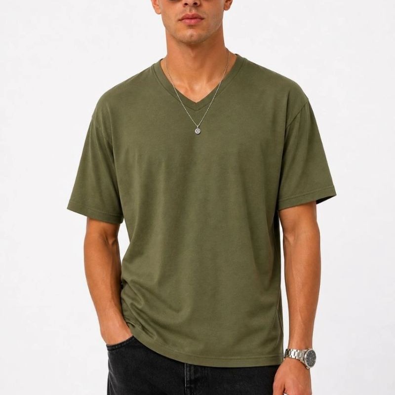 Erkek V Yaka Basic Tişört Kısa Kol Yazlık Regular Fit T-Shirt - Haki