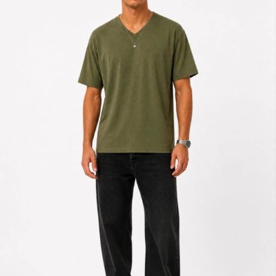 Erkek V Yaka Basic Tişört Kısa Kol Yazlık Regular Fit T-Shirt - Haki