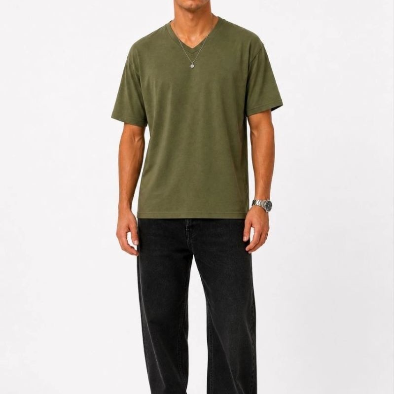 Erkek V Yaka Basic Tişört Kısa Kol Yazlık Regular Fit T-Shirt - Haki