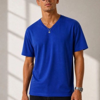 Erkek V Yaka Basic Tişört Kısa Kol Yazlık Regular Fit T-Shirt - Saks Mavisi