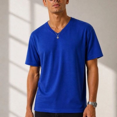 Erkek V Yaka Basic Tişört Kısa Kol Yazlık Regular Fit T-Shirt - Saks Mavisi