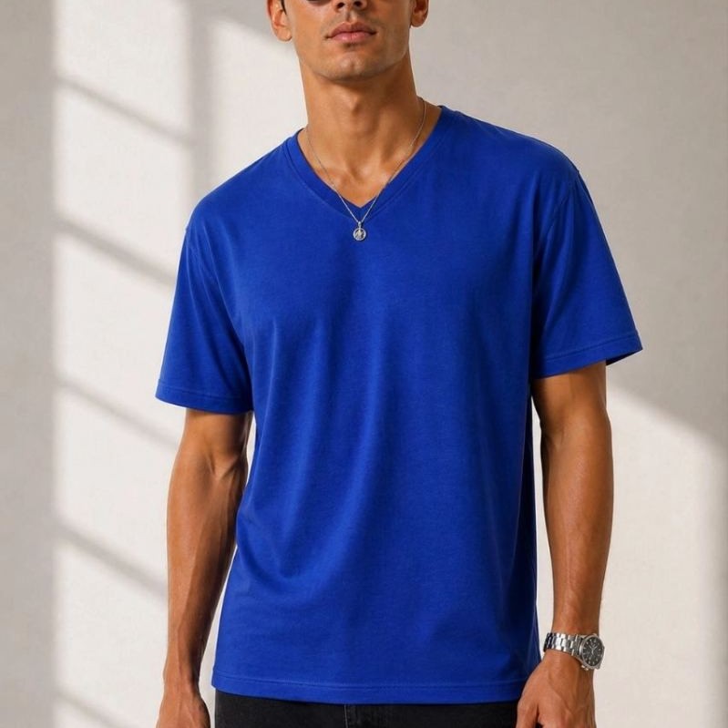 Erkek V Yaka Basic Tişört Kısa Kol Yazlık Regular Fit T-Shirt - Saks Mavisi