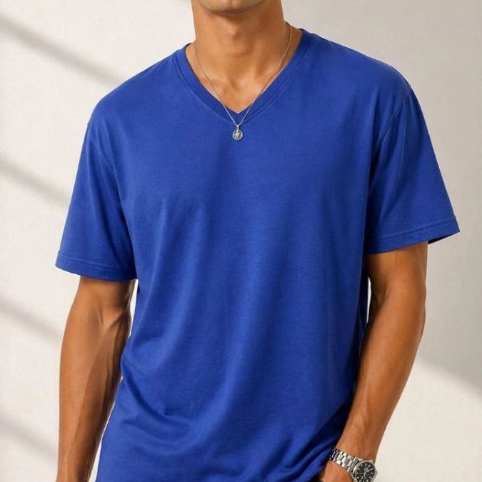 Erkek V Yaka Basic Tişört Kısa Kol Yazlık Regular Fit T-Shirt - Saks Mavisi