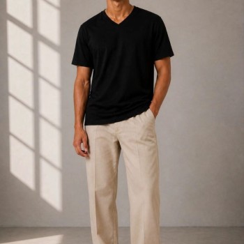Erkek V Yaka Basic Tişört Kısa Kol Yazlık Regular Fit T-Shirt - Siyah