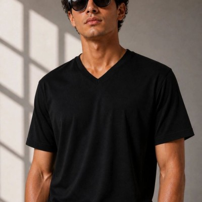 Erkek V Yaka Basic Tişört Kısa Kol Yazlık Regular Fit T-Shirt - Siyah