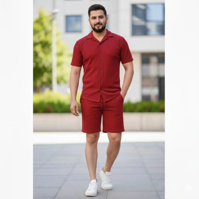 Erkek Waffle Kumaş Kısa Kol Gömlek Şort Takım Regular Yazlık İkili Set - Bordo