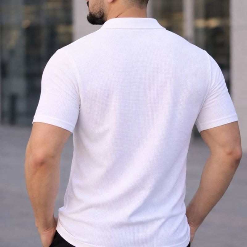 Erkek Waffle Kumaş Kısa Kollu Düğmeli Açık Yaka Regular Fit Gömlek - Beyaz