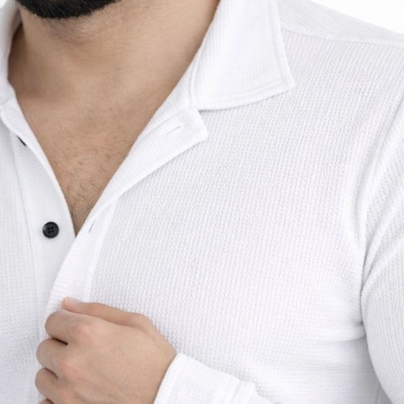 Erkek Waffle Kumaş Uzun Kollu Düğmeli Açık Yaka Regular Fit Gömlek - Beyaz