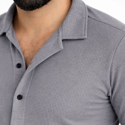 Erkek Waffle Kumaş Uzun Kollu Düğmeli Açık Yaka Regular Fit Gömlek - Füme