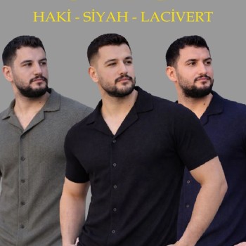 Erkek Waffle Kumaş Yakalı Kısa Kol Düğmeli Gömlek 3’lü Set Siyah-Haki-Lacivert