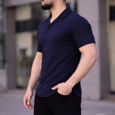 Erkek Waffle Kumaş Yakalı Kısa Kol Düğmeli Gömlek 3’lü Set Siyah-Haki-Lacivert