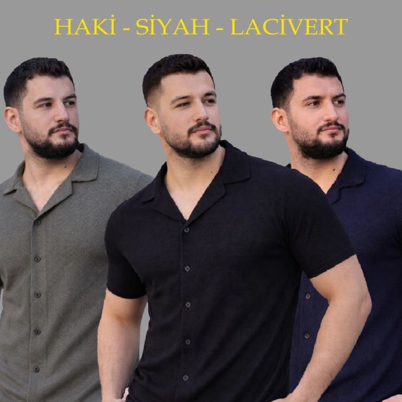 Erkek Waffle Kumaş Yakalı Kısa Kol Düğmeli Gömlek 3’lü Set Siyah-Haki-Lacivert
