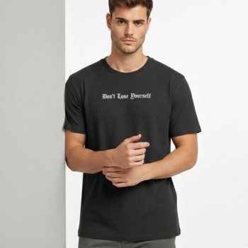 Erkek Wafıl Kumaş Tişört Regular Kalıp Bisiklet Yaka Baskılı T-Shirt - Siyah
