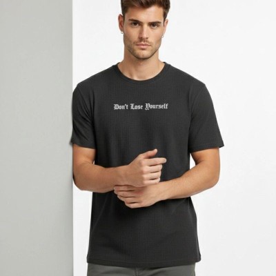 Erkek Wafıl Kumaş Tişört Regular Kalıp Bisiklet Yaka Baskılı T-Shirt - Siyah