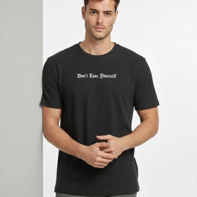 Erkek Wafıl Kumaş Tişört Regular Kalıp Bisiklet Yaka Baskılı T-Shirt - Siyah