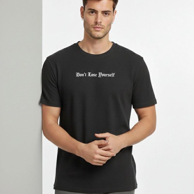 Erkek Wafıl Kumaş Tişört Regular Kalıp Bisiklet Yaka Baskılı T-Shirt - Siyah