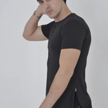Erkek Yanlardan Fermuarlı T-Shirt Kısa Kol Bisiklet Yaka Slimfit Tişört   - Siyah