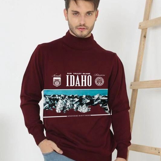Erkek Yarım Bağazlı Kazak Baskılı Dokuma Triko - Bordo