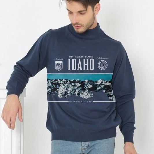 Erkek Yarım Bağazlı Kazak Baskılı Dokuma Triko - Indigo