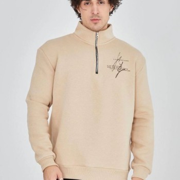 Erkek Yarım Fermuarlı Baskılı 3 iplik pamuklu sweatshirt - Bej