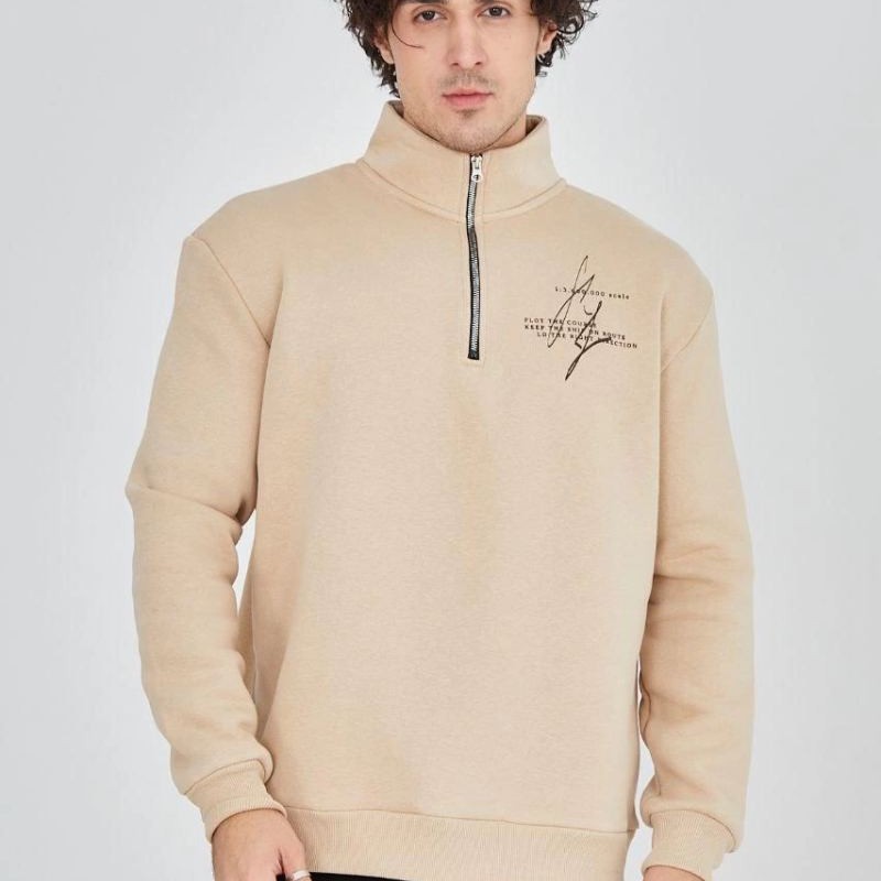Erkek Yarım Fermuarlı Baskılı 3 iplik pamuklu sweatshirt - Bej