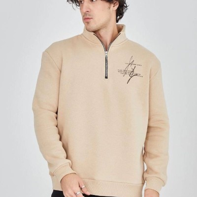 Erkek Yarım Fermuarlı Baskılı 3 iplik pamuklu sweatshirt - Bej