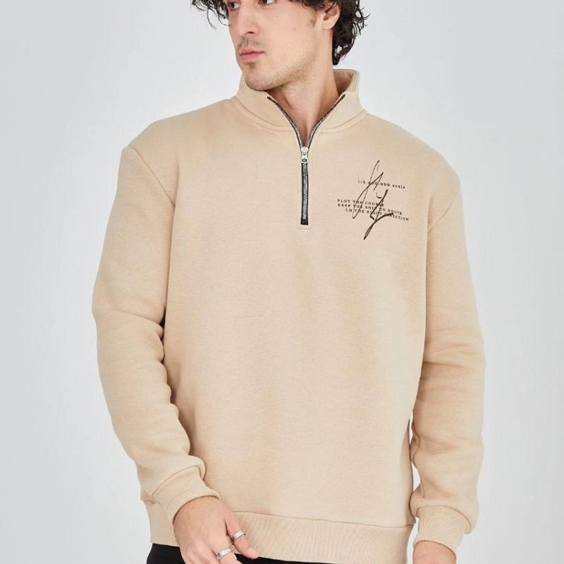 Erkek Yarım Fermuarlı Baskılı 3 iplik pamuklu sweatshirt - Bej