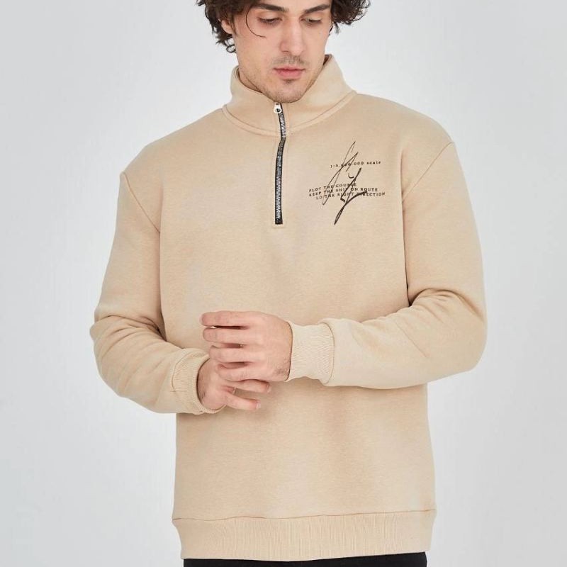 Erkek Yarım Fermuarlı Baskılı 3 iplik pamuklu sweatshirt - Bej