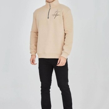Erkek Yarım Fermuarlı Baskılı 3 iplik pamuklu sweatshirt - Bej