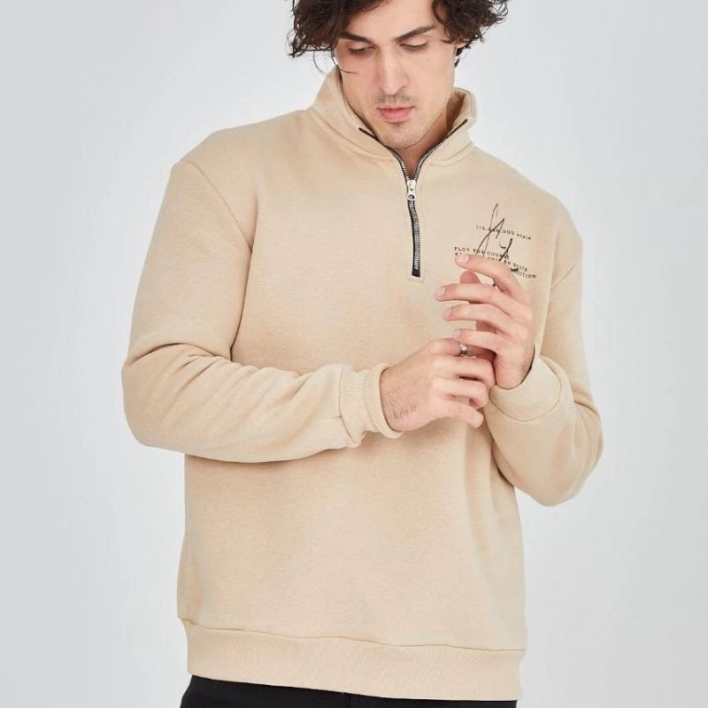 Erkek Yarım Fermuarlı Baskılı 3 iplik pamuklu sweatshirt - Bej