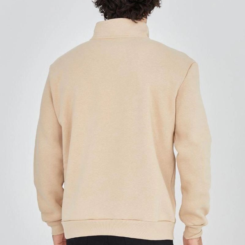 Erkek Yarım Fermuarlı Baskılı 3 iplik pamuklu sweatshirt - Bej
