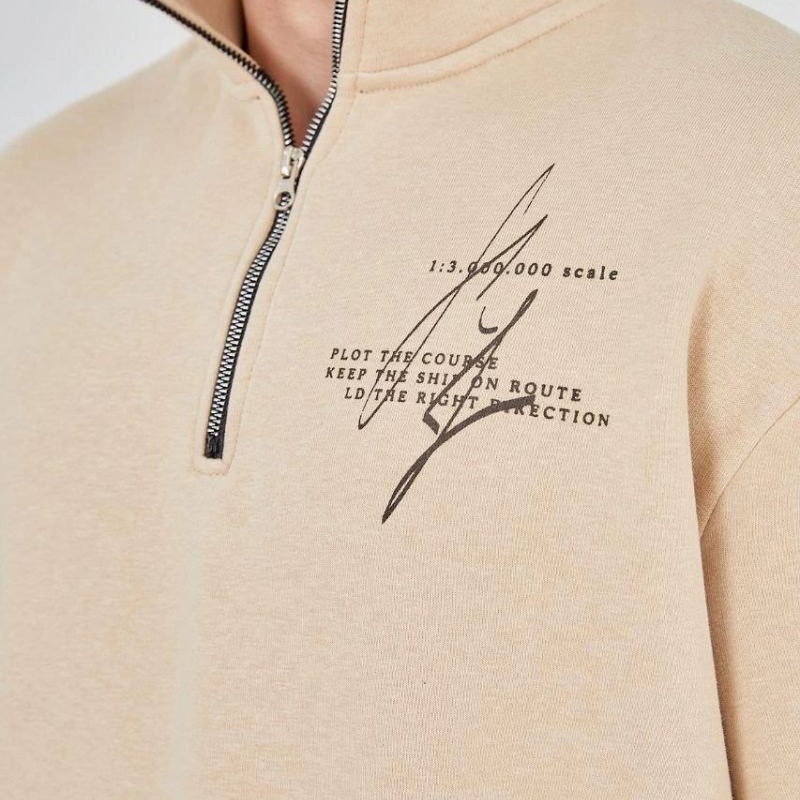 Erkek Yarım Fermuarlı Baskılı 3 iplik pamuklu sweatshirt - Bej