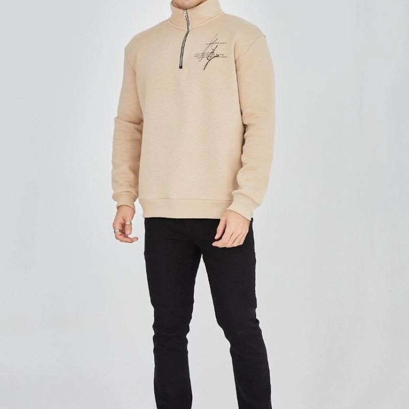Erkek Yarım Fermuarlı Baskılı 3 iplik pamuklu sweatshirt - Bej