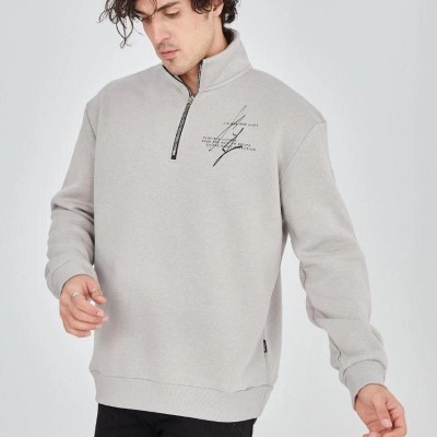 Erkek Yarım Fermuarlı Baskılı 3 iplik pamuklu sweatshirt - Boyalı Gri