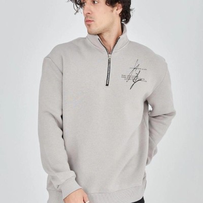 Erkek Yarım Fermuarlı Baskılı 3 iplik pamuklu sweatshirt - Boyalı Gri