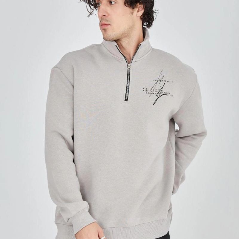 Erkek Yarım Fermuarlı Baskılı 3 iplik pamuklu sweatshirt - Boyalı Gri