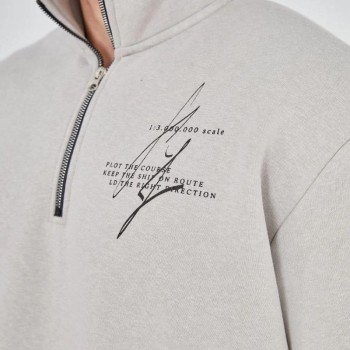 Erkek Yarım Fermuarlı Baskılı 3 iplik pamuklu sweatshirt - Boyalı Gri