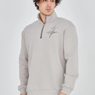 Erkek Yarım Fermuarlı Baskılı 3 iplik pamuklu sweatshirt - Boyalı Gri