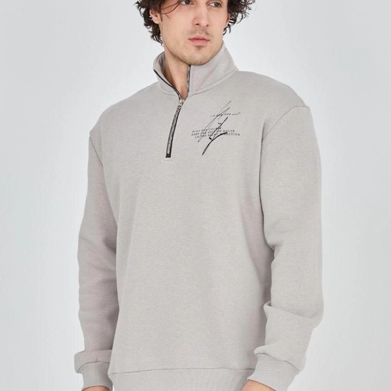 Erkek Yarım Fermuarlı Baskılı 3 iplik pamuklu sweatshirt - Boyalı Gri