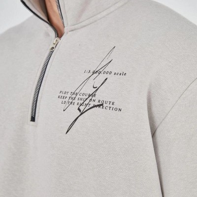 Erkek Yarım Fermuarlı Baskılı 3 iplik pamuklu sweatshirt - Boyalı Gri