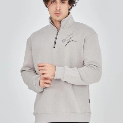 Erkek Yarım Fermuarlı Baskılı 3 iplik pamuklu sweatshirt - Boyalı Gri