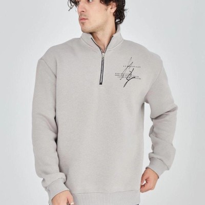 Erkek Yarım Fermuarlı Baskılı 3 iplik pamuklu sweatshirt - Boyalı Gri